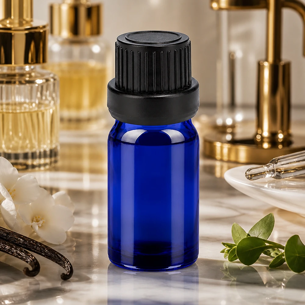 Elegante 5ml Flasche in Kobaltblau mit mattschwarzem Verschluss für hochwertige Essenzen