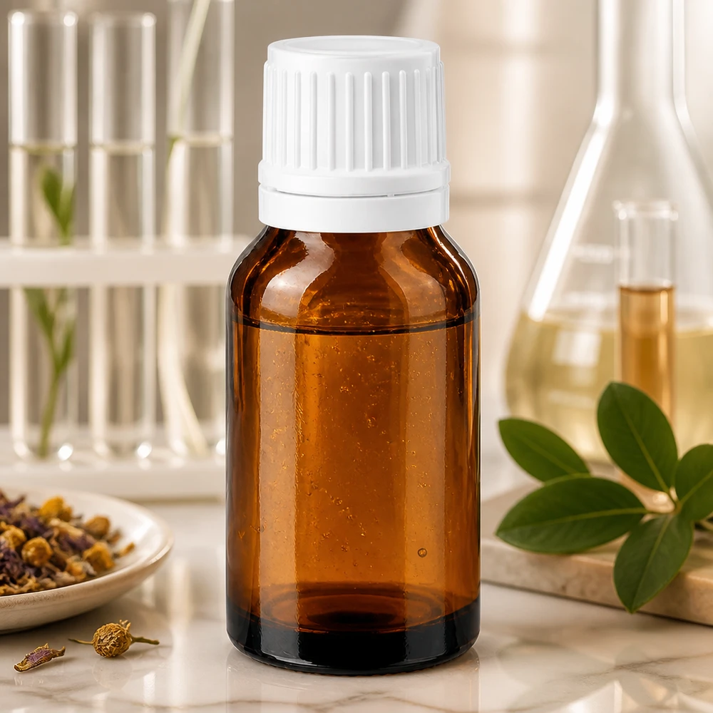 Pharmazeutische 30ml Braunglasflasche mit manipulationssicherem weißen Verschluss im Naturkontext