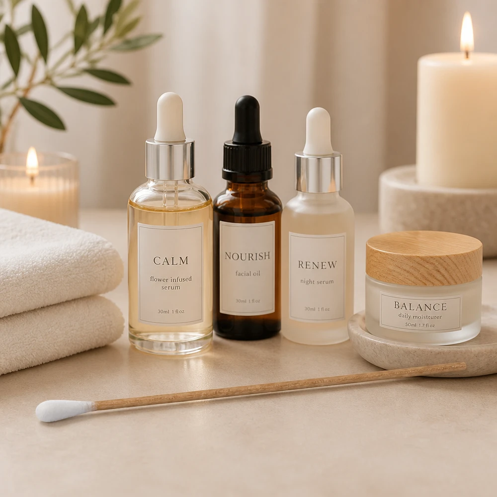 Wattestäbchen unsteril zur Hautpflege neben Nourish Facial Oil und Renew Night Serum