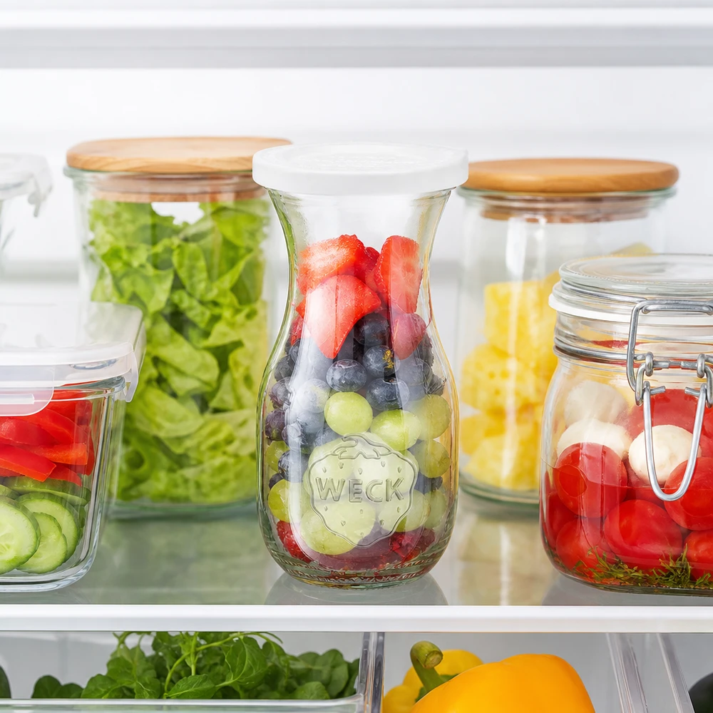 290ml Saftflasche mit Frischedeckel WECK RR60 WECK 290ml Saftflasche mit Frischedeckel im Kühlschrank gefüllt mit Beeren neben Meal Prep Gläsern mit Salat