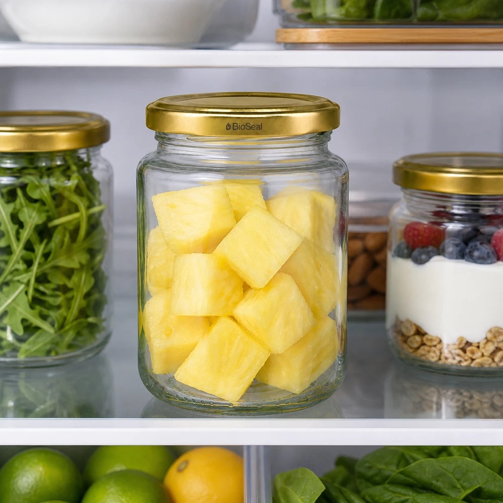 UNiTWIST Runda382 mit TO66 BioSeal Deckel im Kühlschrank, Ananasstücke frisch gelagert, Meal Prep Vorratsglas