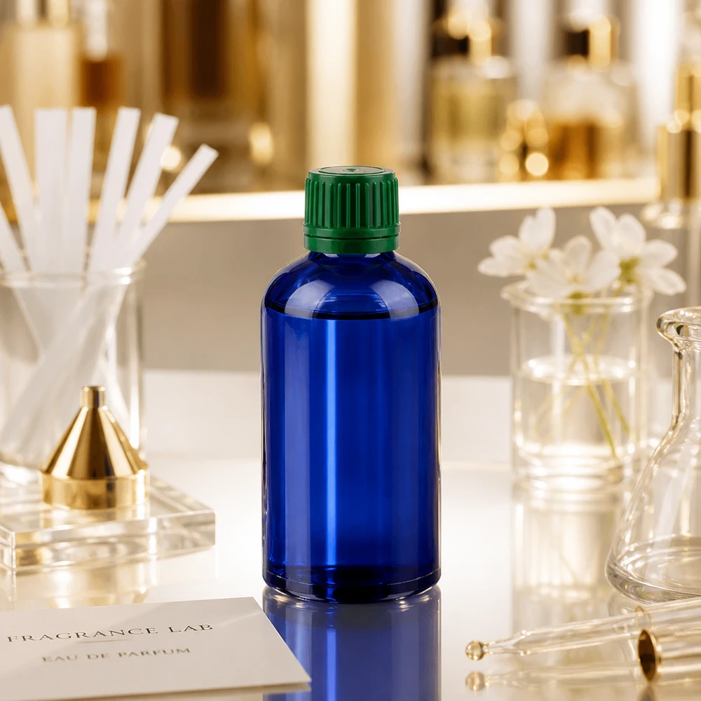 Vielseitige 100ml Vorratsflasche in klassischem Blau mit praktischem 11mm Grünverschluss