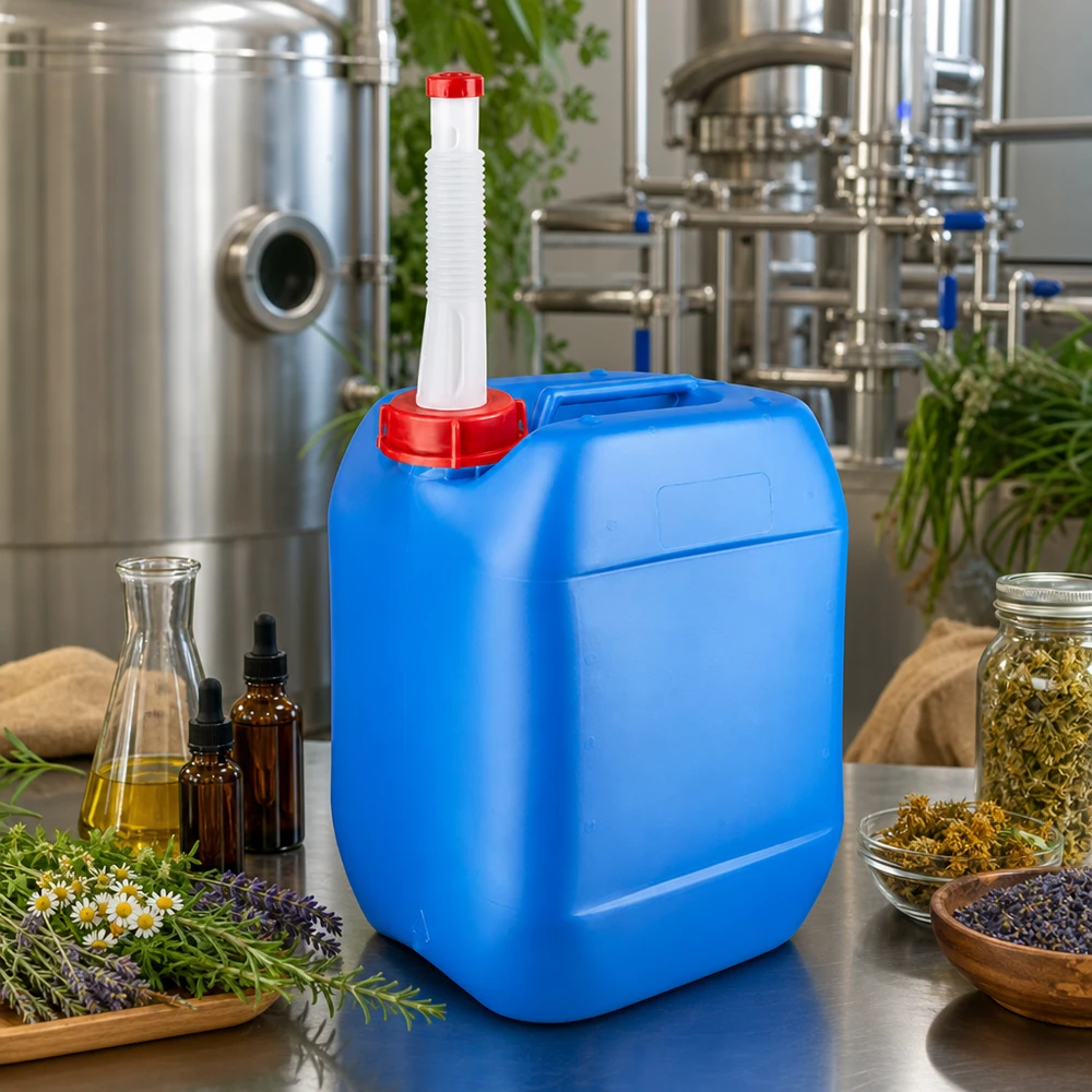 Kanister 10 Liter blau mit Auslaufrohr Flex Handlicher blauer UN-Kanister 10L mit Flex-Tülle in professioneller Naturkosmetik-Produktionsumgebung