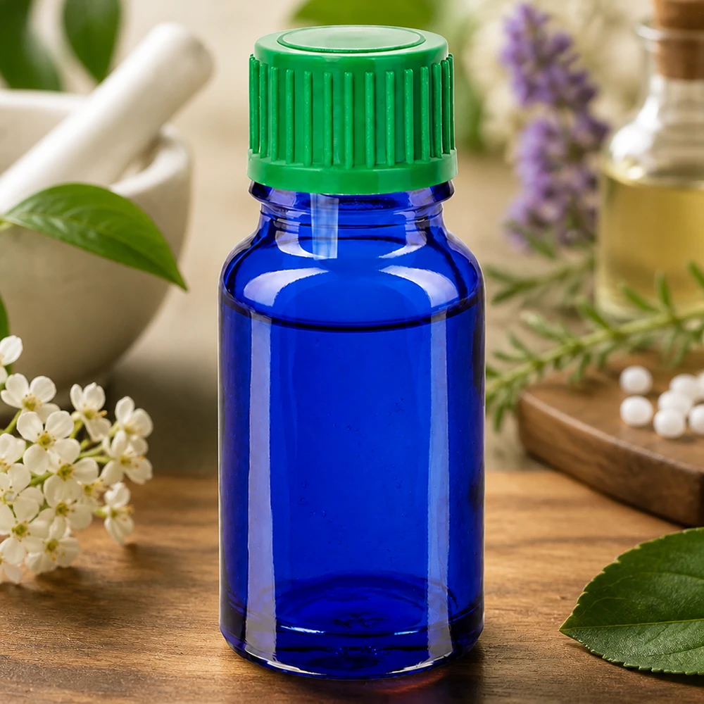Handliche 10ml Glasflasche blau grün für mobile Anwendung und Reisen