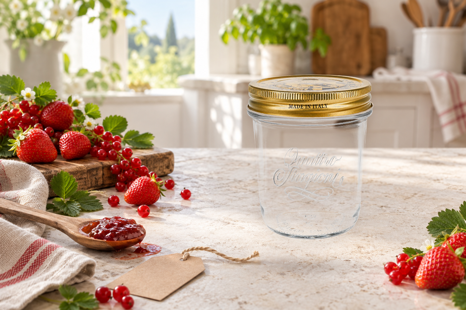 Originales 320-ml-Quattro-Stagioni-Sturzglas in einer sommerlichen Küche mit Beeren und Fruchtaufstrich