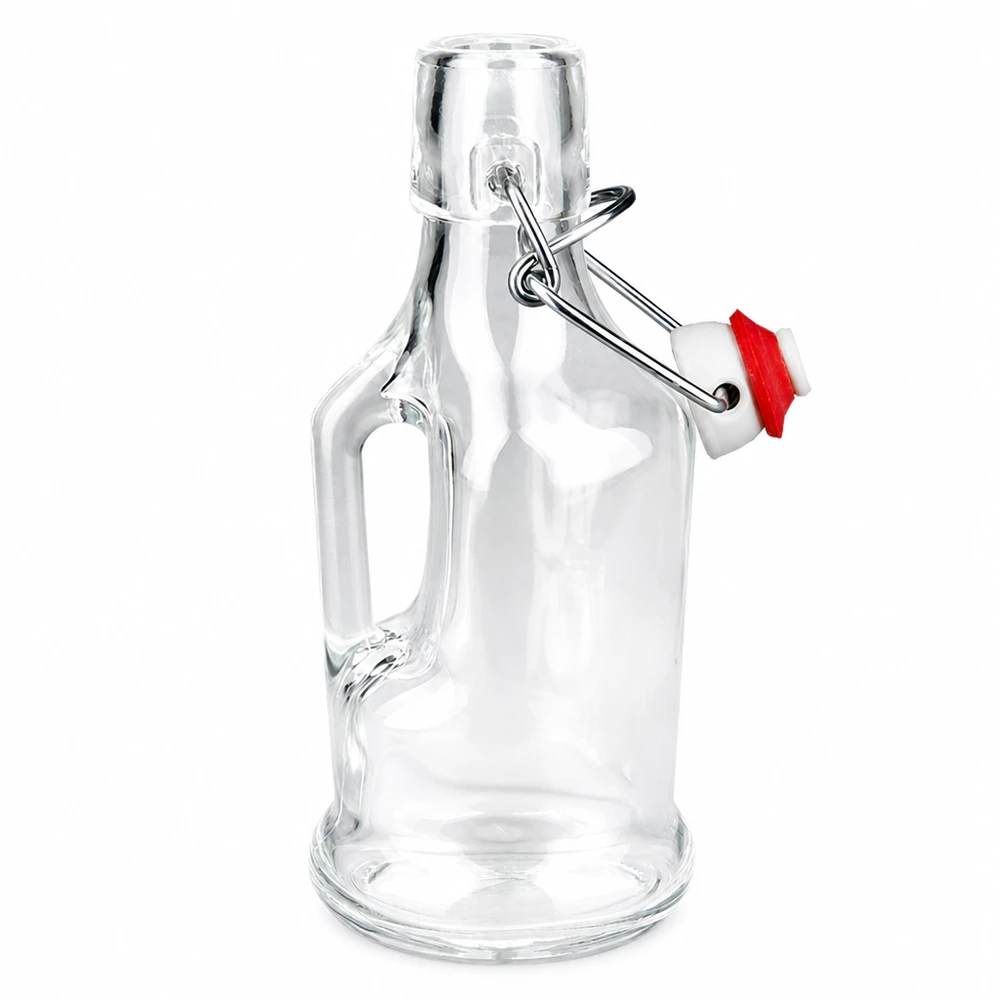 200ml Glasflasche "Bertha" + PVC Bügelverschluss UNiTWIST Glasflasche Bertha 200ml mit rotem Dichtungsring am Bügelverschluss, transparentes Glas, seitlicher Griff