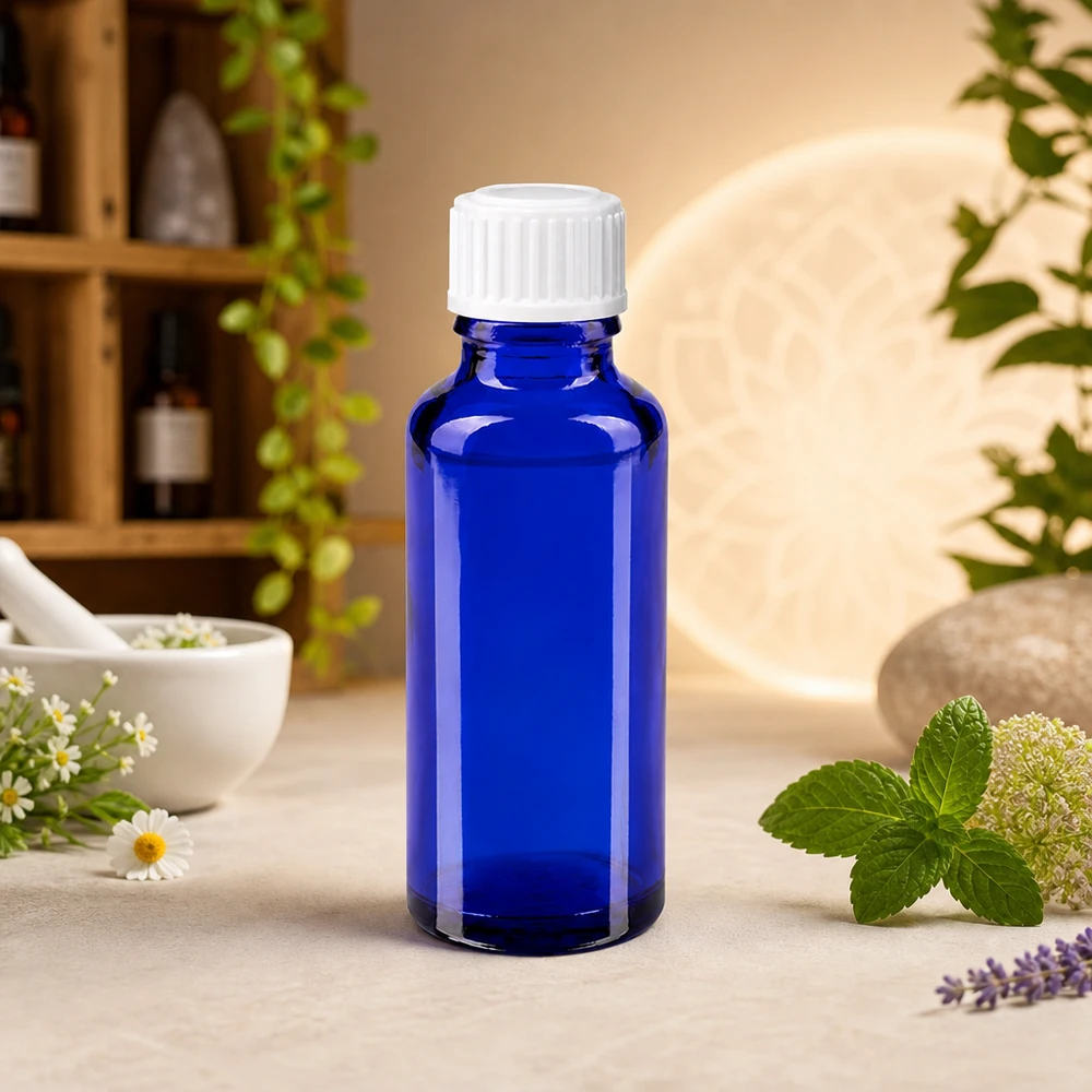 Blaue Glasflasche 30ml für ätherische Öle und Naturkosmetik mit weißem Originalitätsverschluss