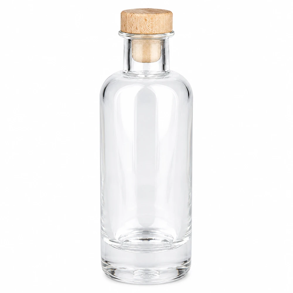 200ml Glasflasche Ella mit Holzkorken transparent leer Produktfoto vor weißem Hintergrund