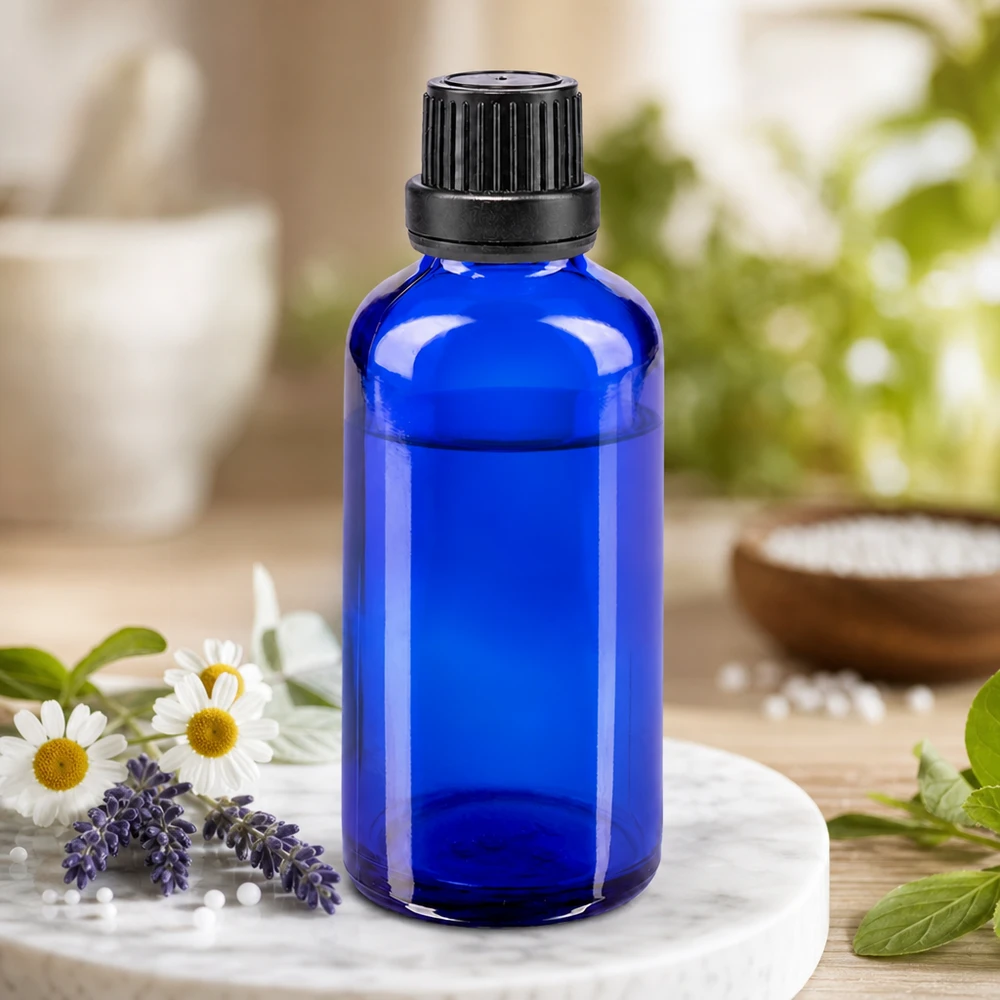Blaue Blauglasflasche 50ml mit SV OV schwarz in naturnahem Aromatherapie-Setting mit Wildblumen