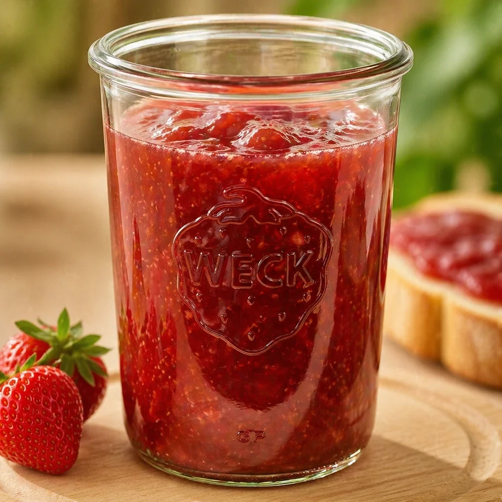 850ml Sturzglas WECK RR100 850ml WECK Sturzglas RR100 mit Erdbeermarmelade gefüllt auf Holzbrett neben frischen Erdbeeren und Brot
