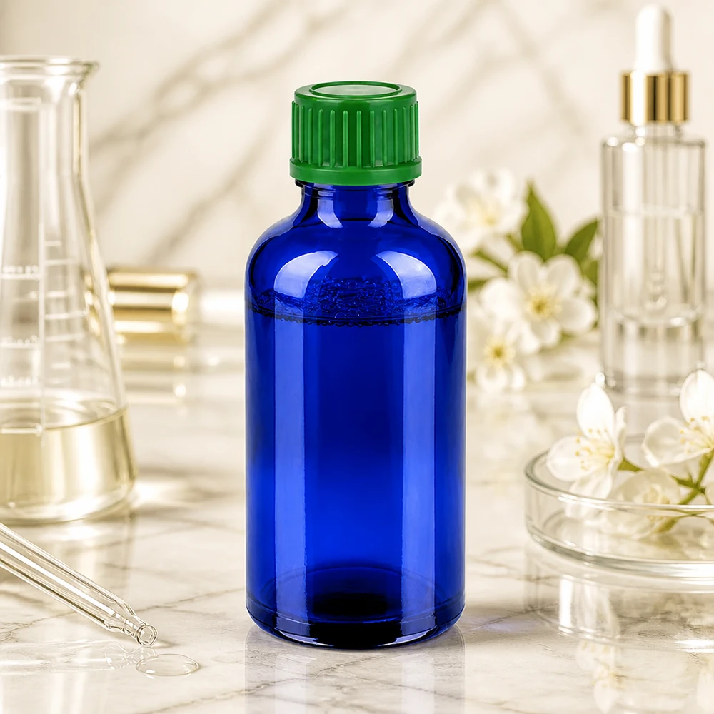 Laborqualität 50ml Cobalt Flasche mit grünem Schraubdeckel für sichere Aufbewahrung