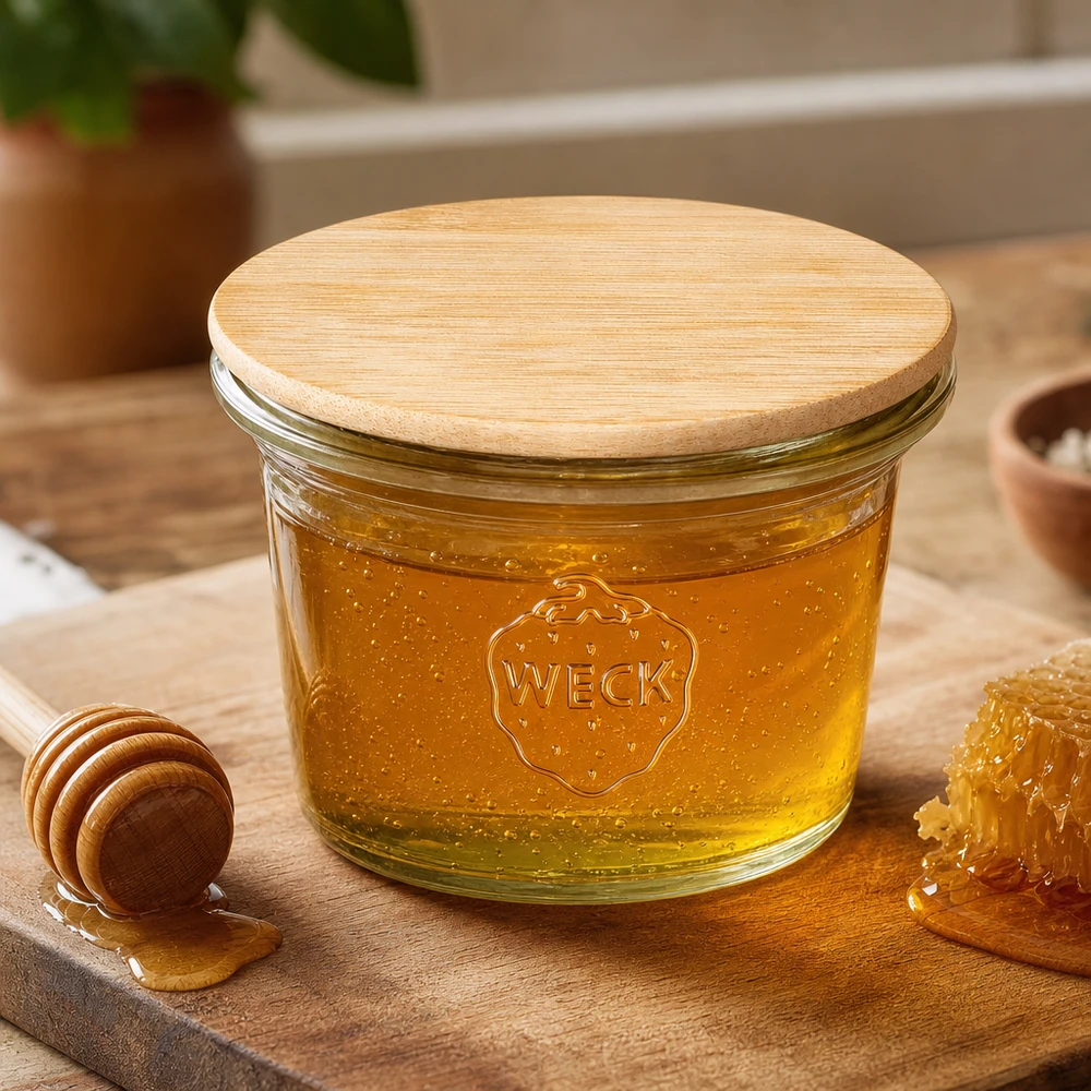 35ml Mini Sturzglas WECK RR40 mit Holzdeckel WECK RR40 Sturzglas 35ml mit Bambus Holzdeckel gefüllt mit Honig neben Honiglöffel und Wabe auf Holzuntergrund