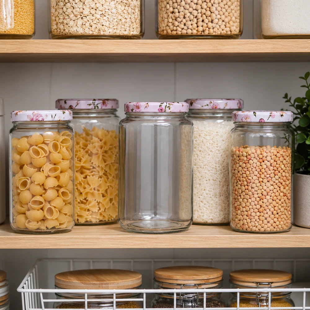 795ml Rundglas BasicSeal Deckel rosa Blumen in organisierter Pantry mit Pasta Reis Linsen Vorratshaltung Küche