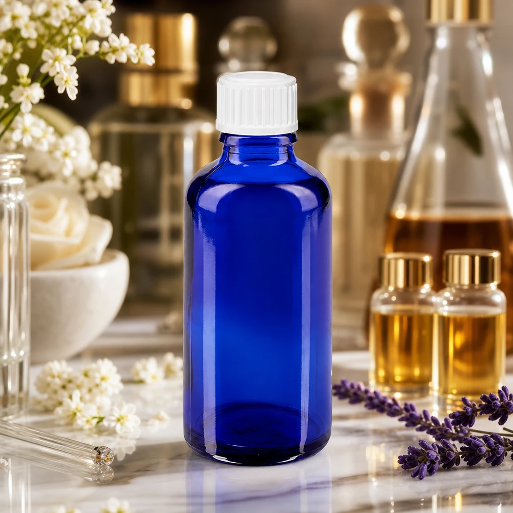 Apothekenflasche blau 50ml Tropfverschluss weiß 0.8mm Standard Blaue 50ml ApoGlas Flasche mit weißem Verschluss zwischen Lavendel und Aromadüften