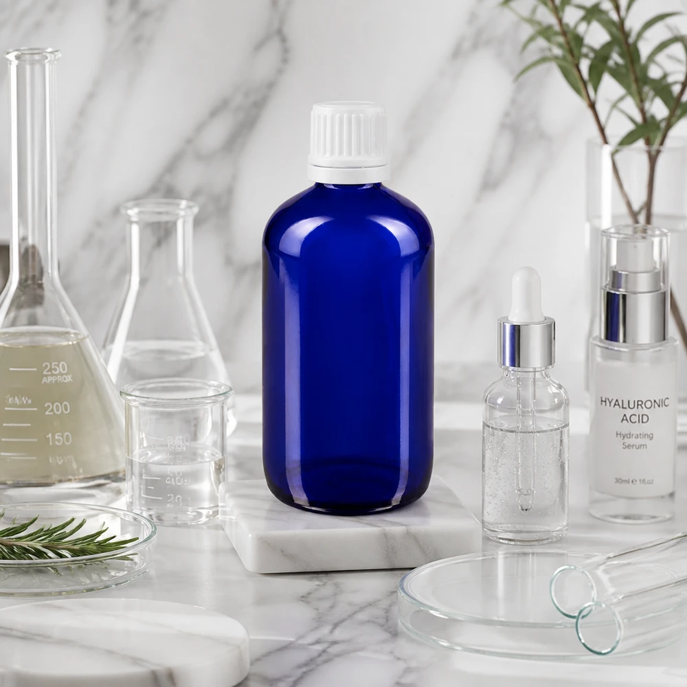 Apothekenflasche blau 100ml Tropfverschluss 1.2mm weiß Originalitätsverschluss Blaue 100ml Tropfflasche aus hochwertigem Apothekerglas mit Dosiereinsatz in Laborumgebung