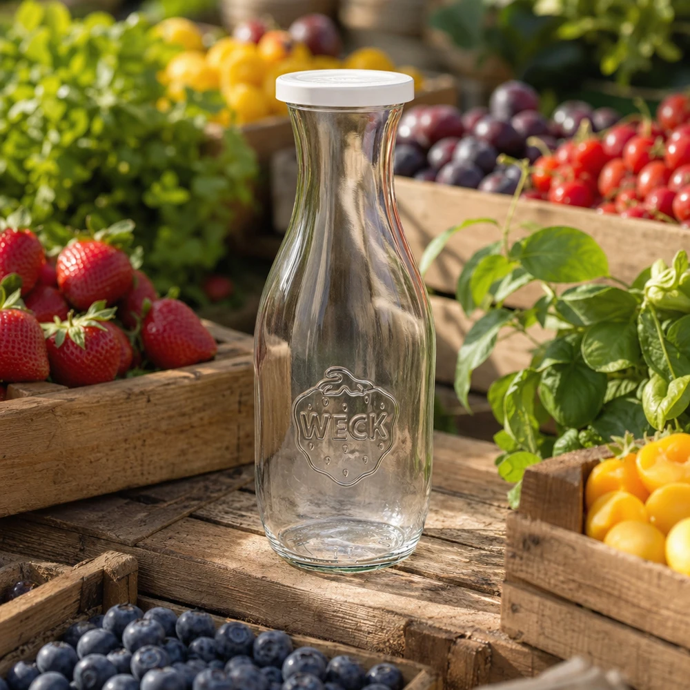 1062ml Saftflasche mit Frischedeckel WECK RR60 WECK Saftflasche 1062ml leer mit Logo zwischen bunten Früchten auf Holzkisten in natürlicher Gartenumgebung