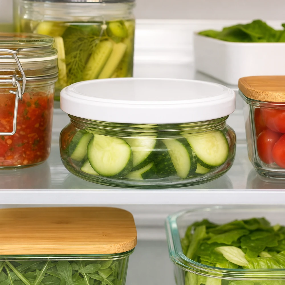 120ml Terrinenglas mit weißem Deckel voller Gurkenscheiben im Kühlschrank neben eingelegtem Gemüse und Konserven