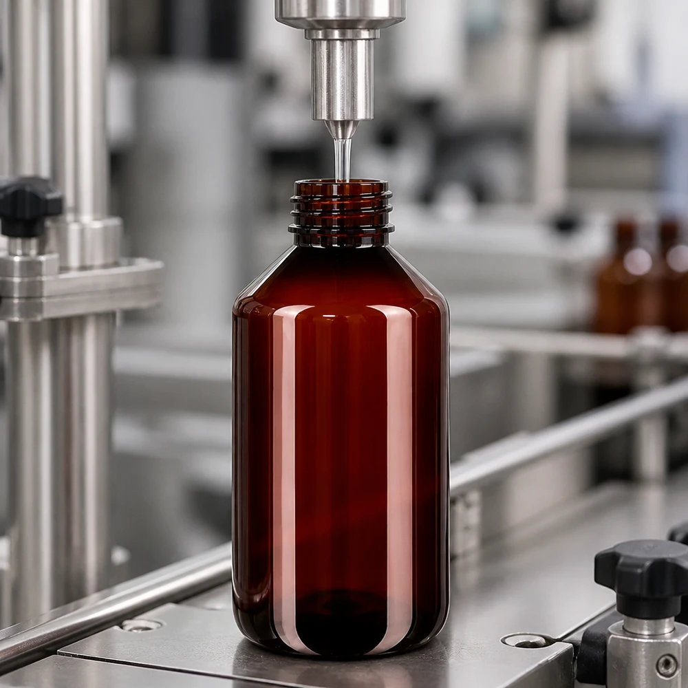 PET Flasche 500ml mit weißem Standard Originalitätsverschluss Großansicht einer braunen 500ml PET Flasche mit gerilltem Schraubhals auf Produktionslinie