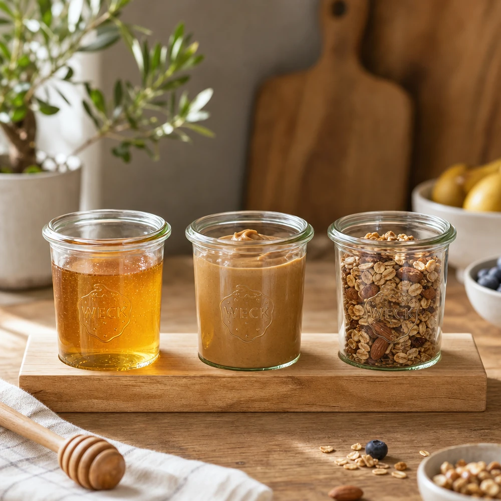 Holz-Servierbrett mit Weck Gläsern 160ml gefüllt mit Honig Nussbutter und Müsli in moderner Küche