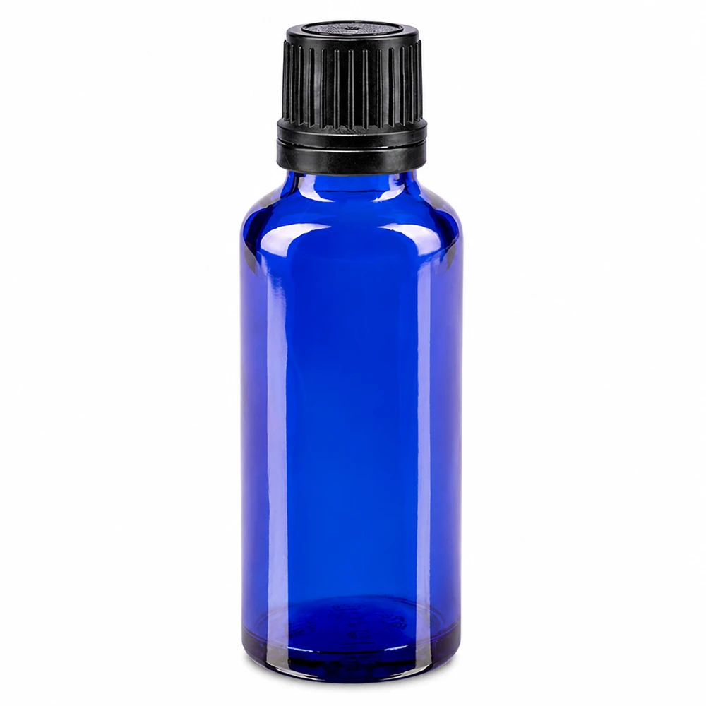 Apothekenflasche blau 30ml Schraubverschluss schwarz Giessring Originalitätsverschluss Blaue Medizinflasche 30ml aus Schutzglas mit schwarzem Sicherheitsverschluss 8mm OV