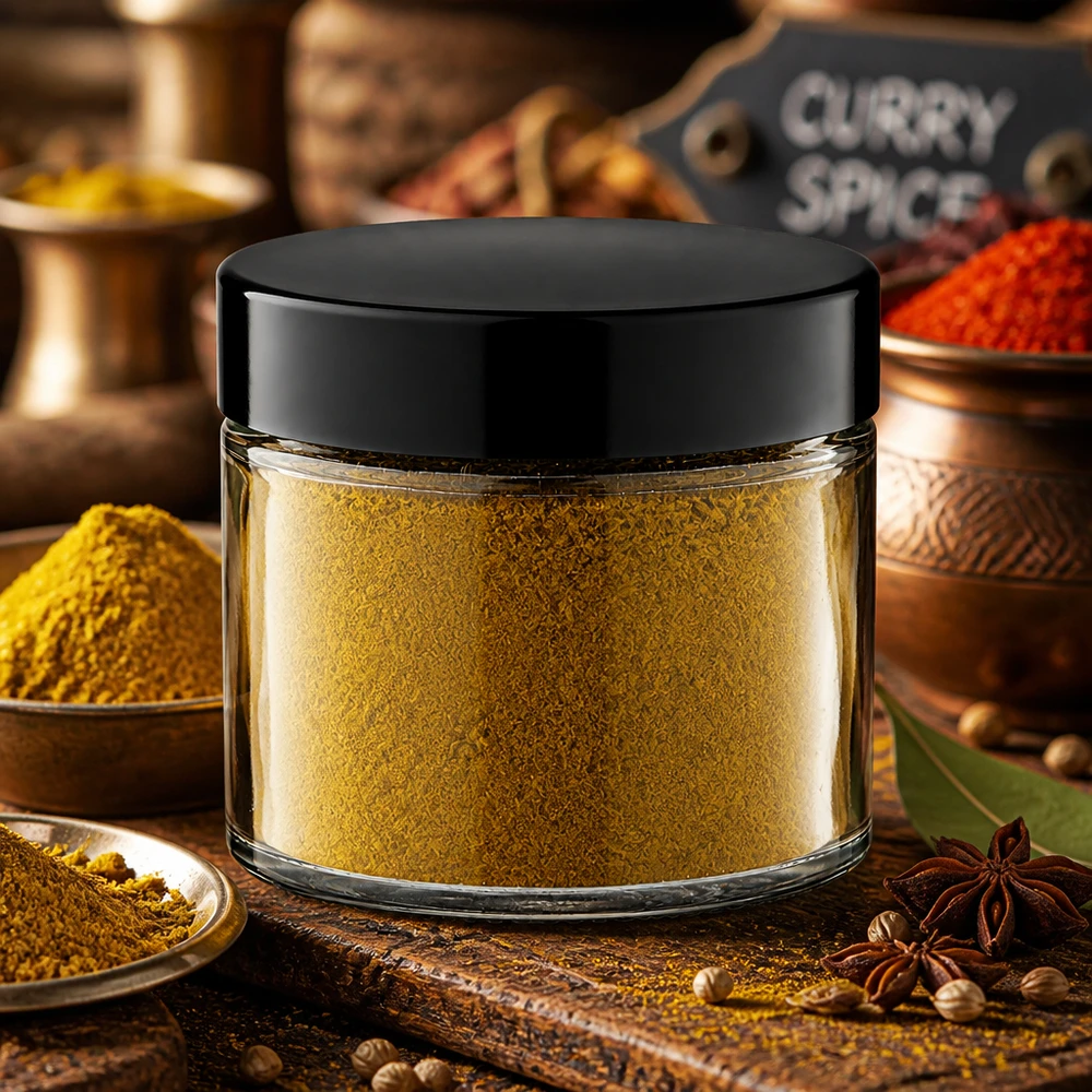 Glastiegel 30ml mit Curry-Gewürzmischung schwarzem Deckel und Sternanis auf rustikalem Holzbrett