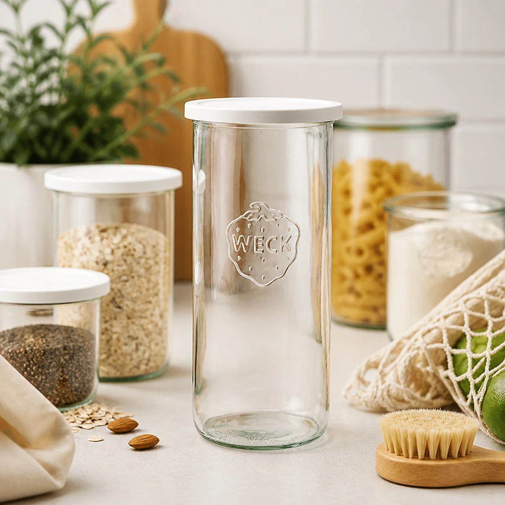 1500ml Sturzglas mit Frischedeckel WECK RR100 WECK Sturzglas 1500ml RR100 in moderner Küche mit Vorratsgläsern Pasta und nachhaltigen Öko-Produkten