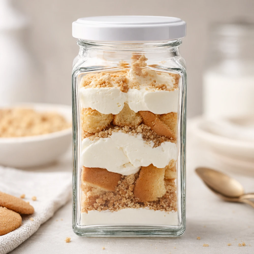 260ml Tetraglas mit BasicSeal Deckel weiß UNiTWIST 260ml Tetraglas BasicSeal weiß als Dessertglas mit Tiramisu Schichtdessert gefüllt neben Löffelbiskuits Küchentisch