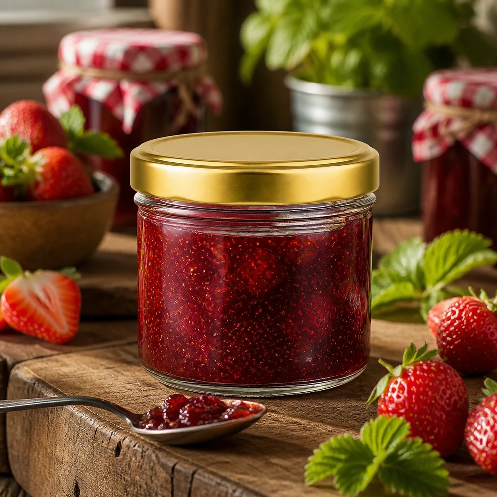 230ml Zylinderglas gefüllt mit Erdbeermarmelade goldener BasicSeal Deckel Anwendungsbeispiel Konfitürenglas