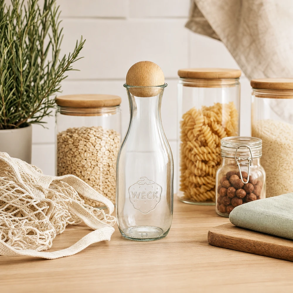 1062ml Saftflasche WECK RR60 mit Holzkugel Buche WECK Glasflasche 1062ml RR60 in nachhaltiger Küche mit Zero-Waste Vorratsgläsern Jutebeutel und Rosmarinpflanze