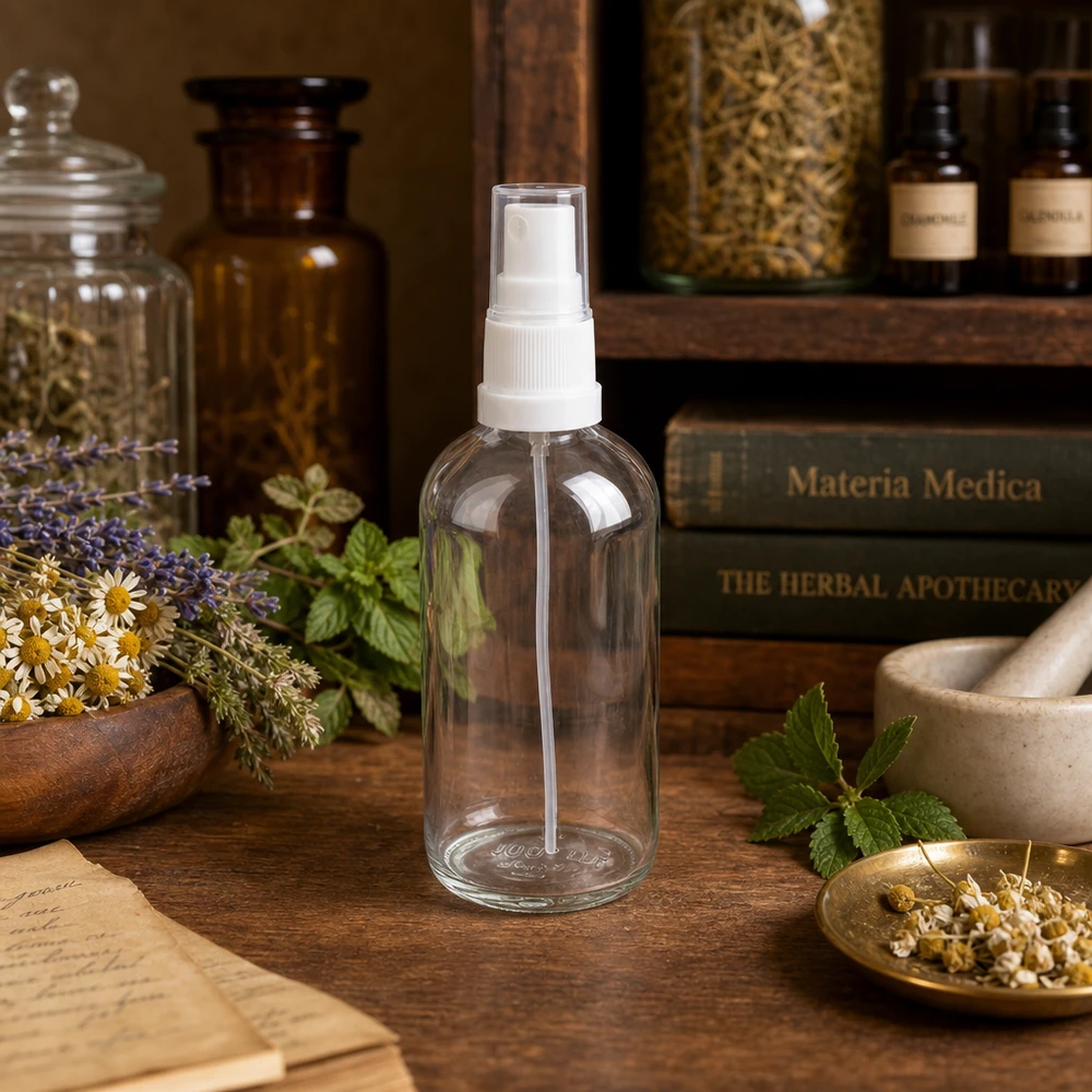 100ml Sprayflasche weiß/transparent Standardverschluss ClearLine UT18/100 Zylindrische 100ml Glassprühflasche ClearLine weißer Verschluss Herbaliste Naturapotheke