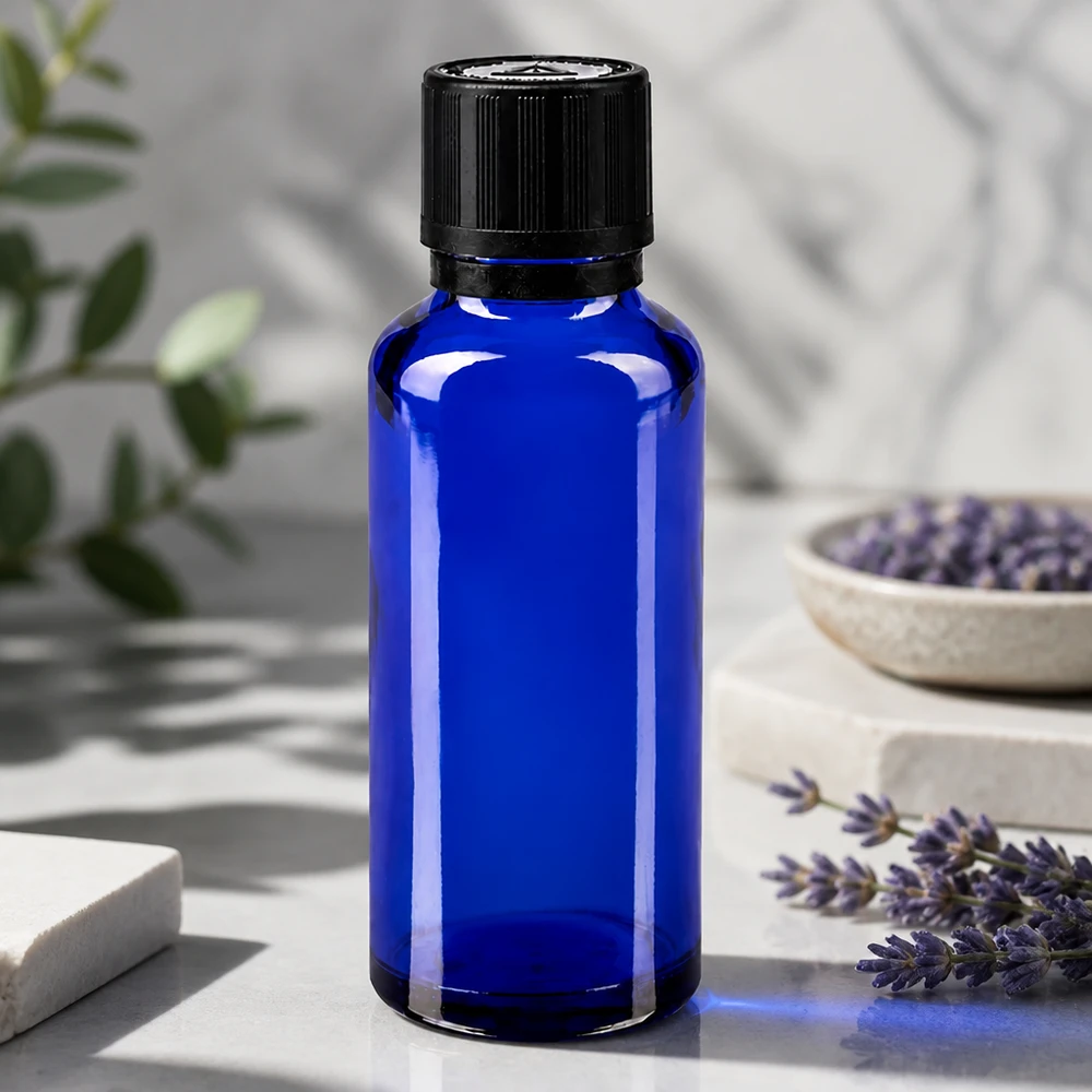 Apothekenflasche blau 30ml Tropfer Giessring 1mm schwarz Kindersicherung Blindenwarnsymbol Originalitätsverschluss Blaues Pharmaglas 30ml mit Tropfer und kindersicherem Deckel in Lavendel-Aromatherapie-Umgebung