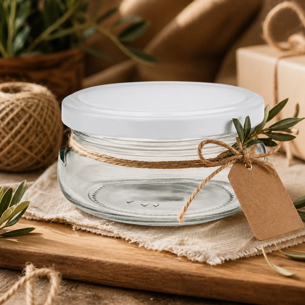 120ml Terrinenglas mit BasicSeal Deckel weiß UNiTWIST 120ml Terrinenglas mit BasicSeal Deckel dekorativ mit Jute-Band und Geschenkanhänger auf Holztablett arrangiert