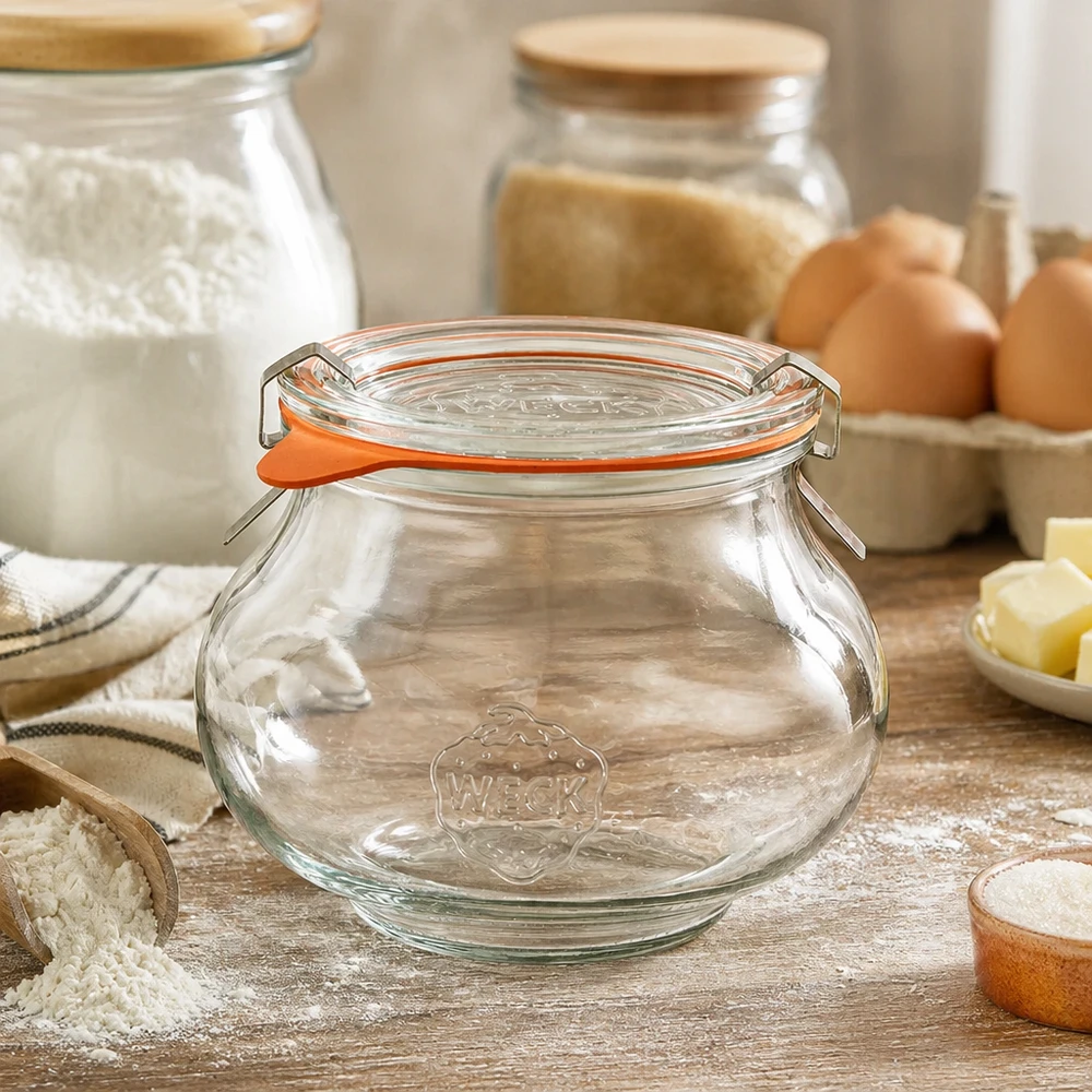560ml Schmuckglas komplett WECK RR80 WECK Schmuckglas 560ml RR80 in rustikaler Küche mit Backzutaten, Mehl und Eiern, perfekt für Küchenorganisation