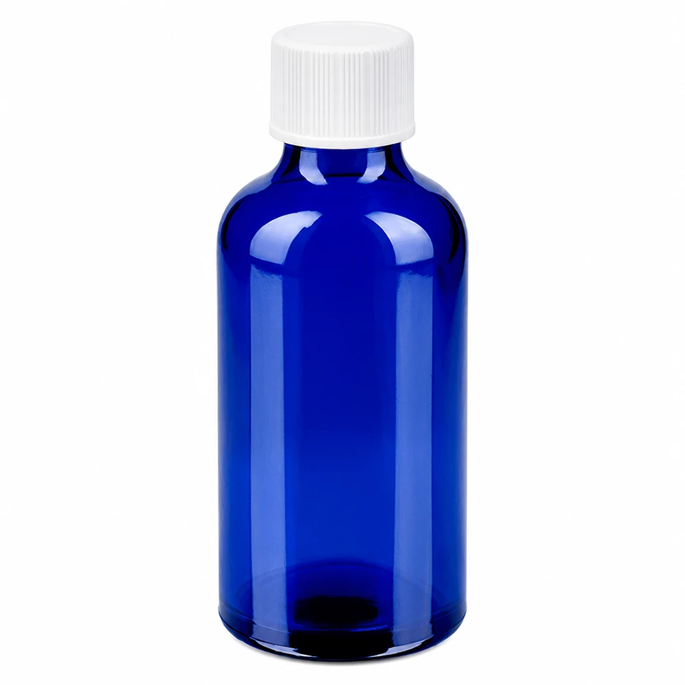 50ml Flasche 11mm Schraubverschluss weiß Standard BlueLine UT18/50 Hochwertige blaue 50ml Glasflasche mit weissem Schraubdeckel BlueLine UT18/50