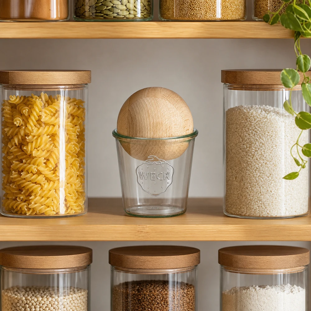 580ml Sturzglas WECK RR100 mit Holzkugel Buche WECK Glas RR100 580ml mit Buchenholzkugel in moderner Vorratsküche zwischen Nudeln und Reis auf Holzregal