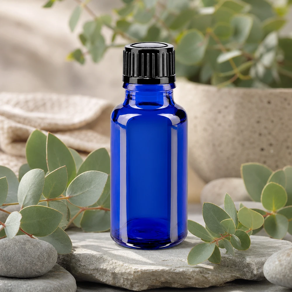 Apothekenflasche blau 20ml Tropfverschluss 1mm schwarz Standard Blaue 20ml Flasche mit Tropfverschluss schwarz ideal für Aromatherapie und Eukalyptusöl