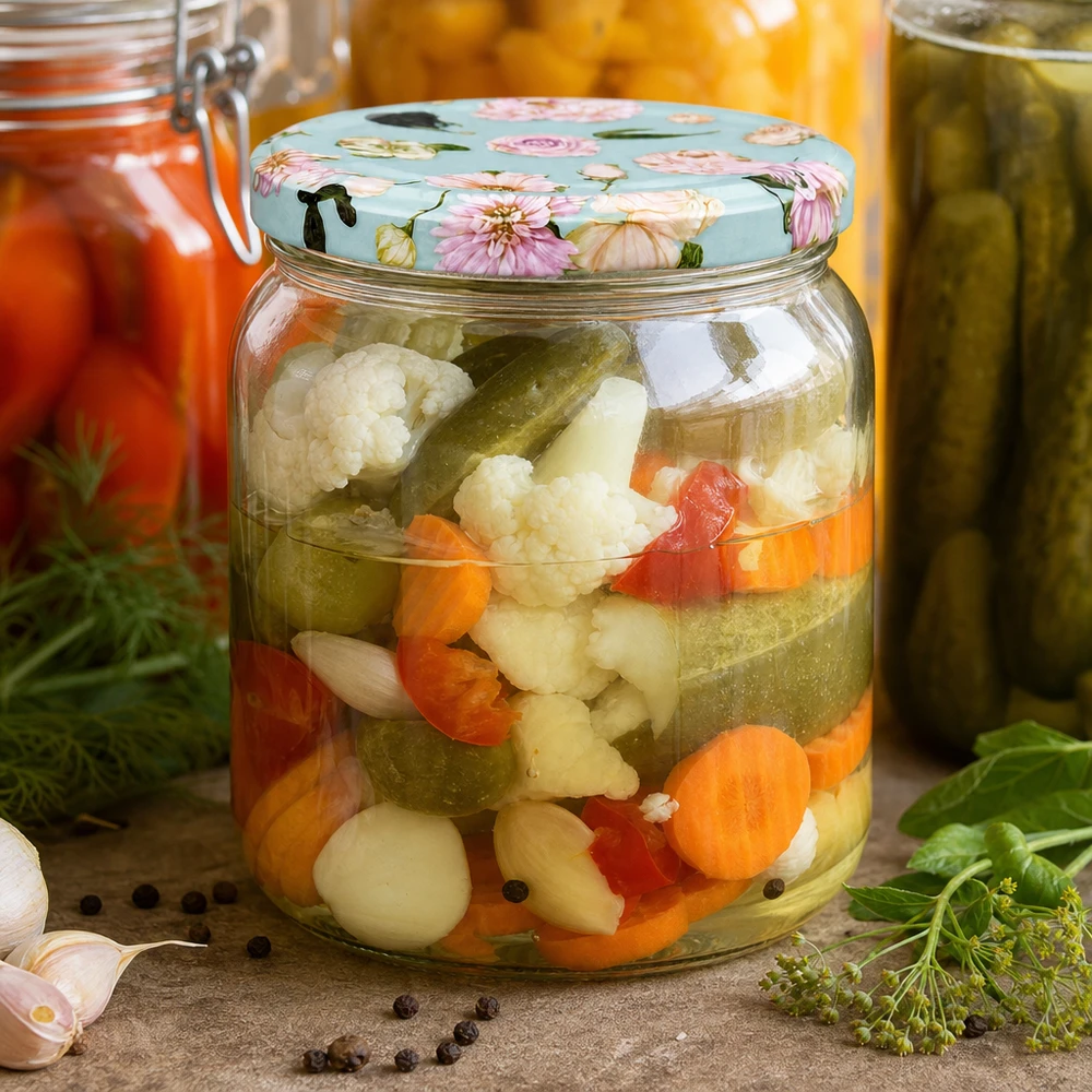 425ml Rundglas mit Blume mint Deckel gefüllt mit eingelegtem Gemüse - Einweckglas für Konserven und Pickles