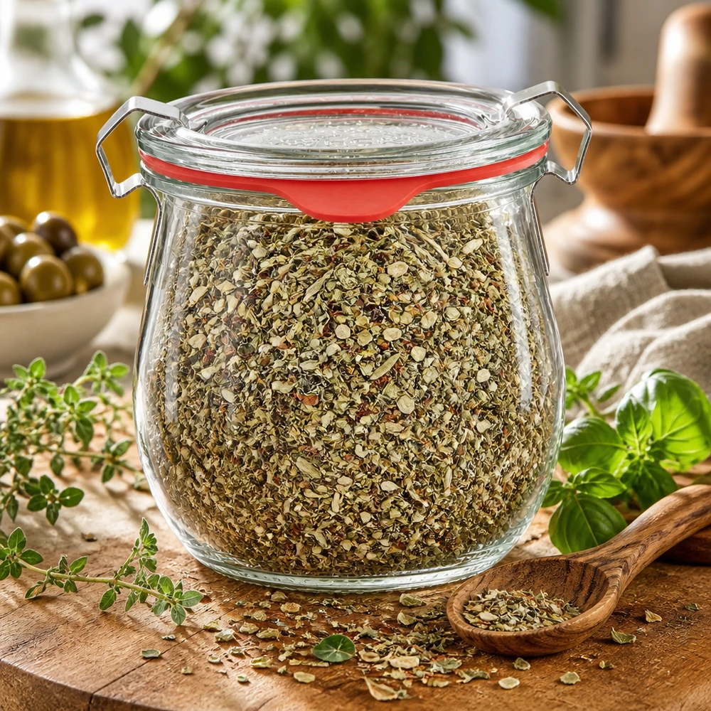 Gewürzglas mit Oregano und Kräutermix WECK Tulpenglas 220ml neben Olivenöl und Holzlöffel
