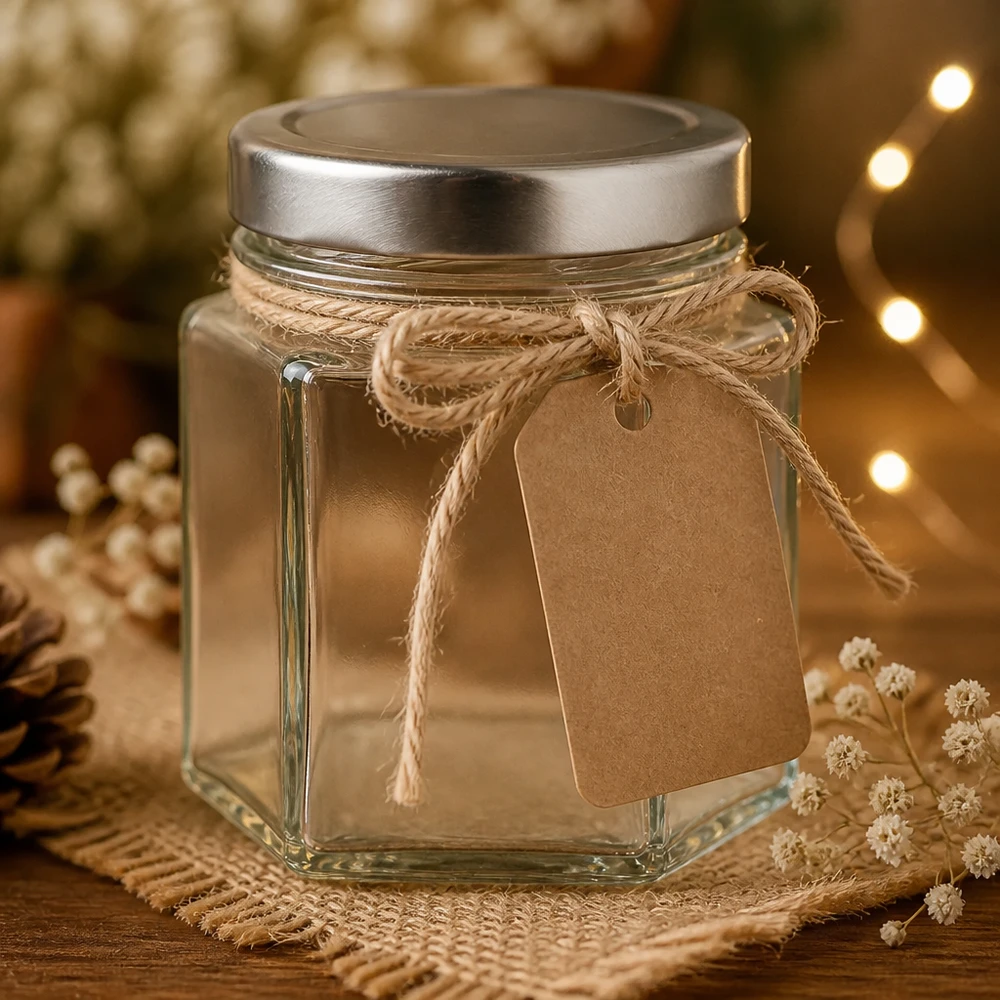 47ml Hexaglas 48er-Set mit Deckel (Deckelfarbe: silber) UNiTWIST UNiTWIST 47ml Hexaglas festlich dekoriert Juteschleife Lichterkette Boho Geschenkidee Miniglas