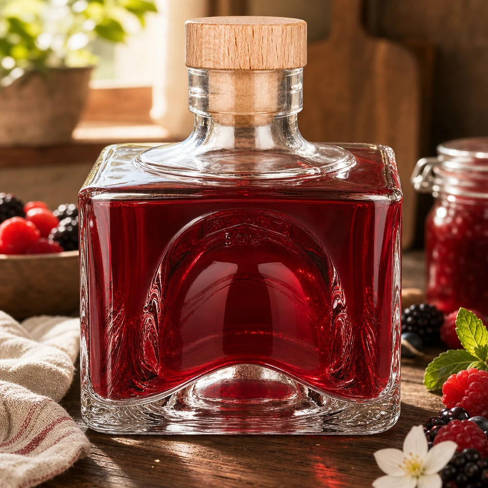 200ml Glasflasche "Bob" mit Holzgriff-Korken UNiTWIST Glasflasche Bob 200ml mit Beerenlikör und Holzkorken, umgeben von frischen Beeren und Minze, dekorative Küchenflasche