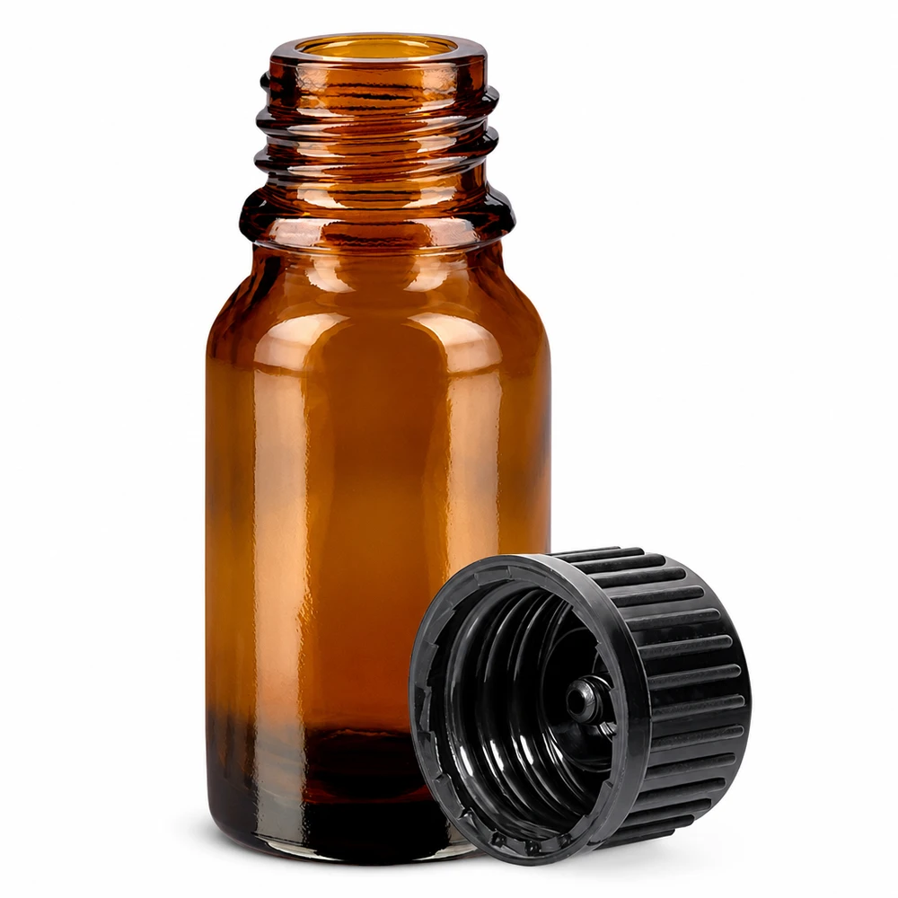 10ml Probenflasche aus UV-schützendem Braunglas mit auslaufsicherem schwarzen Deckel