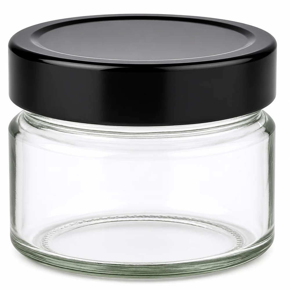 130ml Rundglas 24er-Set mit Deckel (Deckelfarbe: schwarz) UNiTWIST Transparentes Rundglas 130ml mit mattschwarzem Deckel UNiTWIST Vorratsset