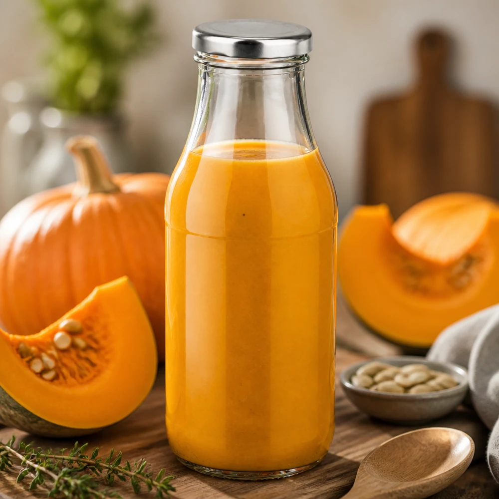 Glasflasche 330ml mit BasicSeal Deckel UiTWIST silber gefüllt mit gelbem Herbstgemüsesaft