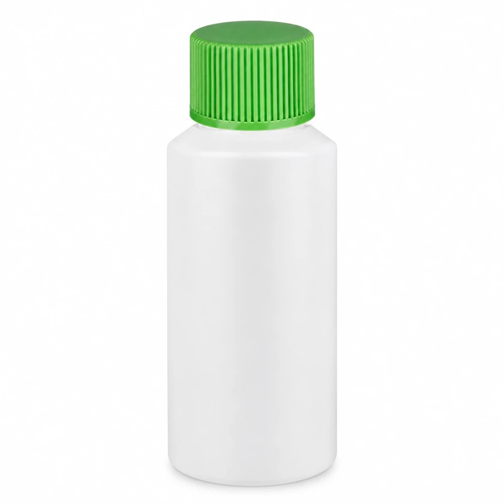 Apothekenflasche HDPE 30ml weiß, mit grünem Schraubverschluss Kompakte weiße Laborflasche 30ml HDPE mit grünem Schraubdeckel für Medikamente
