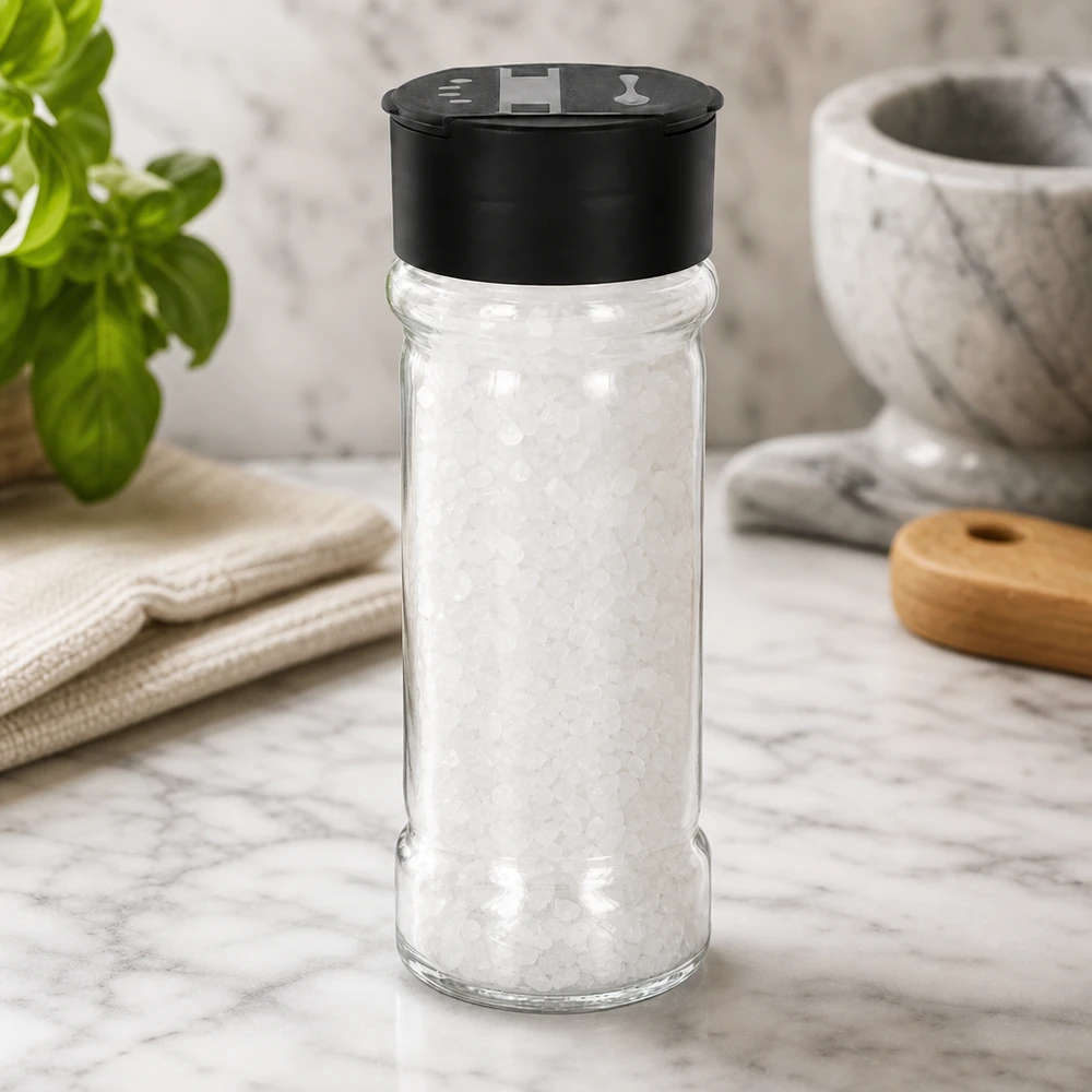 Salz-/Gewürzglas 100ml mit Doppelstreuer schwarz Kleines Küchenglas 100ml mit Meersalzfüllung schwarzem Doppelstreuer und Holzlöffel im Hintergrund