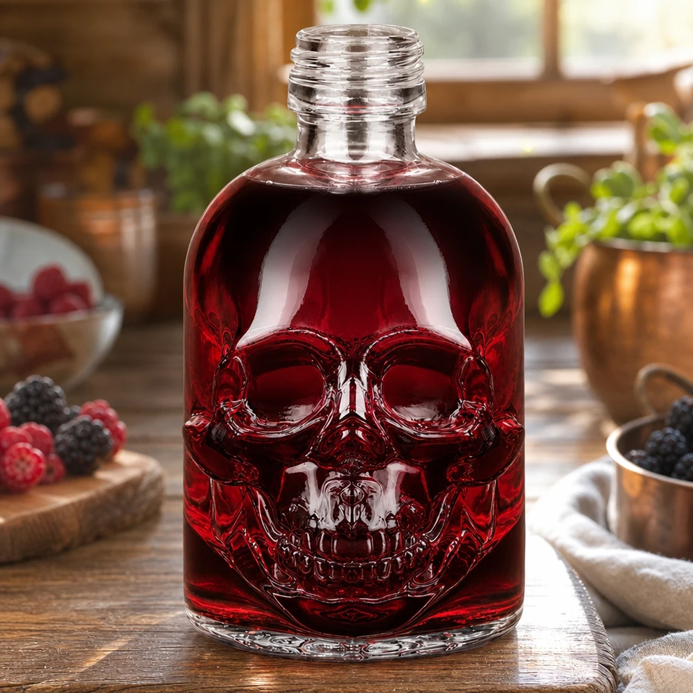 Totenkopf Glasflasche Hector 50ml mit roter Beerenflüssigkeit gefüllt rustikale Küche Himbeeren Brombeeren UNiTWIST