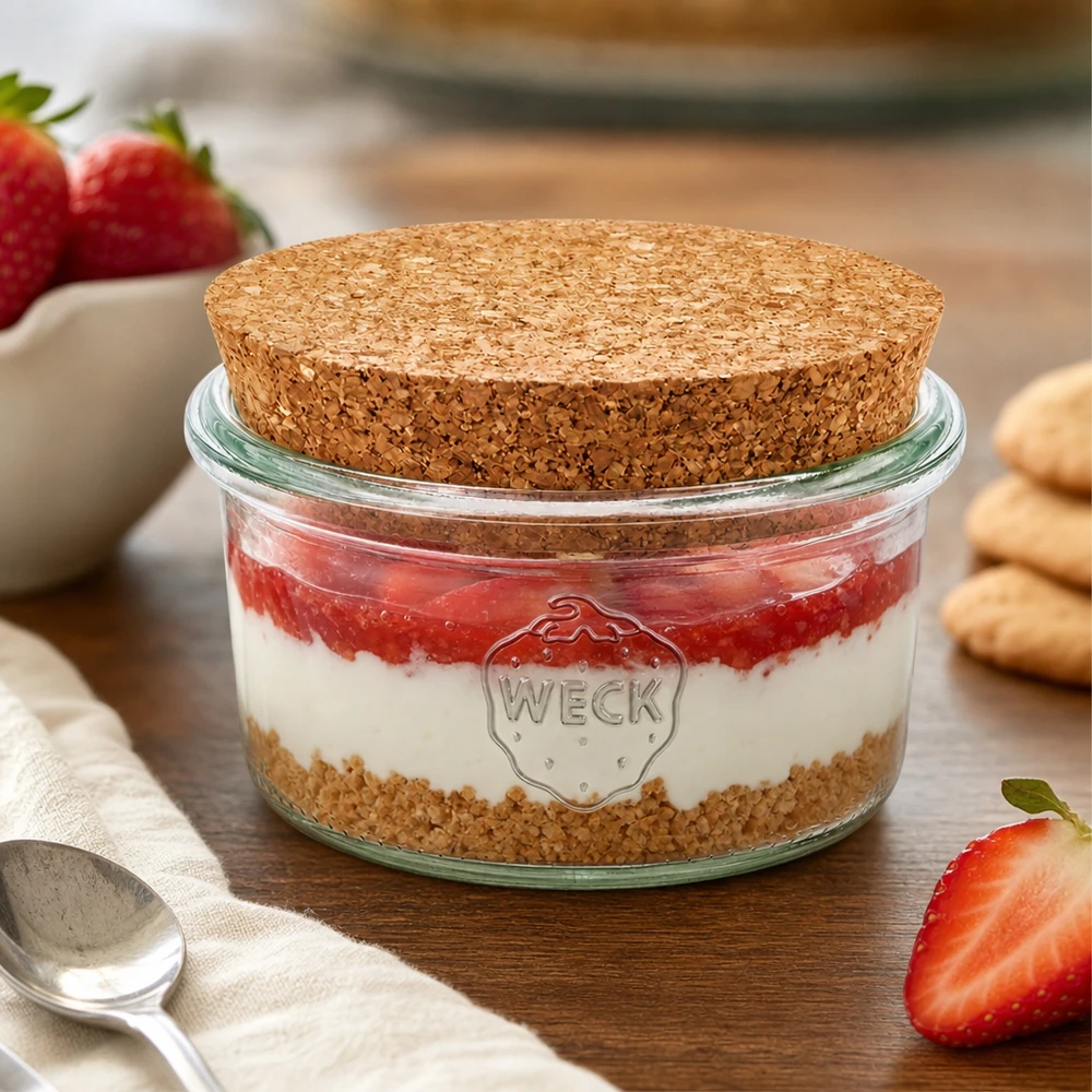 WECK Sturzglas 165ml mit Korkdeckel als Dessertglas für Erdbeer-Tiramisu dekoriert mit frischen Erdbeeren