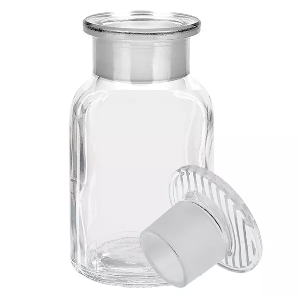 Rundschulterfl. 100ml klar Weithals Glasstopfen Klassische Rundschulterflasche 100ml mit mattem Glasstopfen transparent und luftdicht