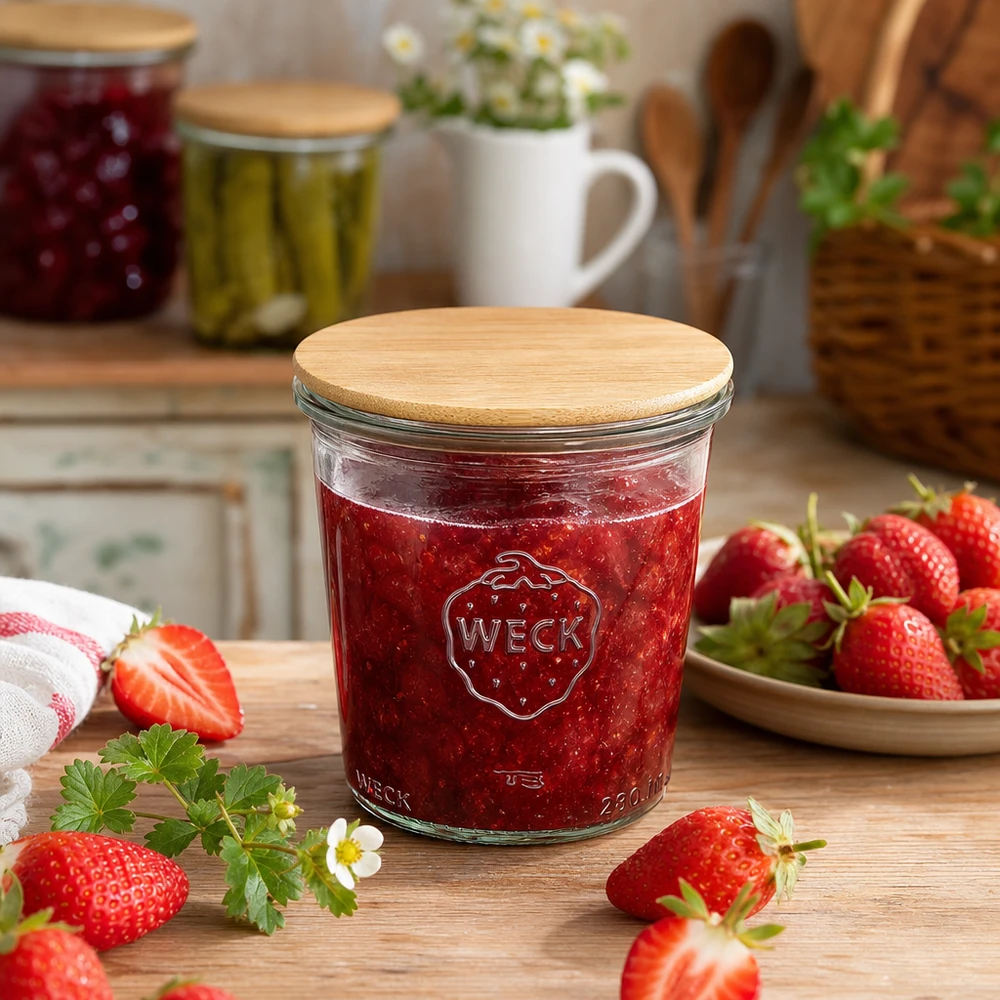 290ml Sturzglas hoch WECK RR80 mit Holzdeckel WECK Einmachglas 290ml mit Bambusdeckel gefüllt mit Erdbeermarmelade umgeben von frischen Erdbeeren auf Holztisch