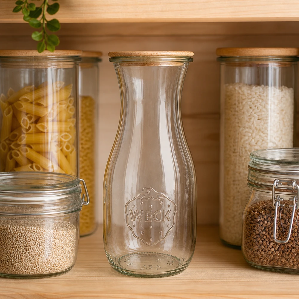 WECK Saftflasche 530ml RR60 leer zwischen Vorratsgläsern mit Pasta und Reis in organisierter Küche mit Holzregalen